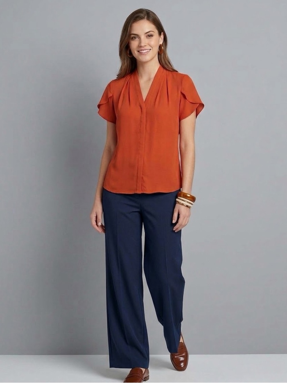 Calvin Klein Burnt Orange Pleated V-Neck Tulip Sleeve Blouse Size Medium